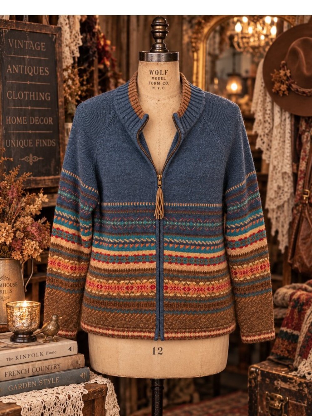 Tiara International zip-front cardigan sweater Southwestern Fair Isle sz XL